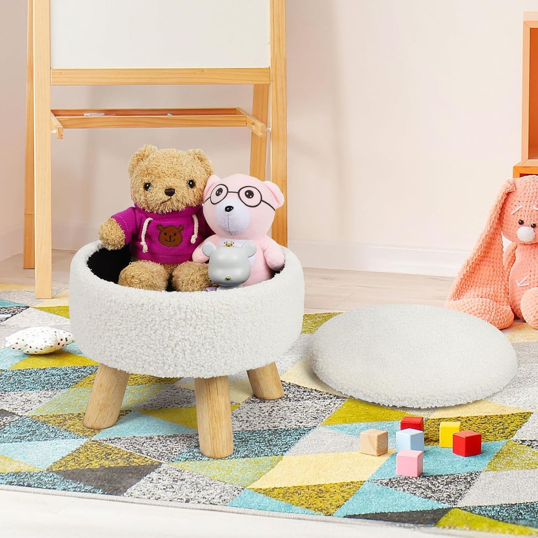 LIANTRAL Runder Sitzhocker, Teddy Samt Fusshocker mit Stauraum, Deckel abnehmbar, Holzstütze, Modern