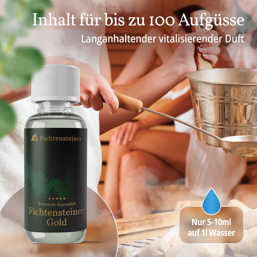 Saunaaufguss Gold, edle Nadelholzdüfte, wohltuende Kräuter und ein Hauch Zitrusduft, 100ml, Luxus Sa
