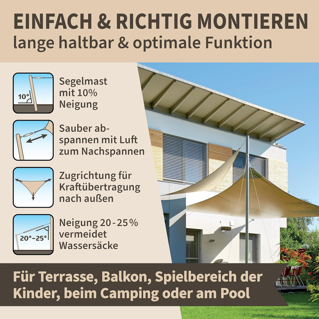 TTL GARDEN 3x3x4,25m Sonnensegel Dreieck rechtwinklig Sand-beige - Premium Polyester 300D 160g/m² 93