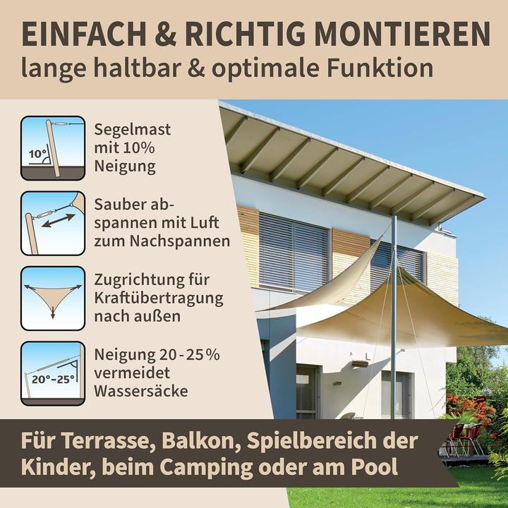 TTL GARDEN 3x3x4,25m Sonnensegel Dreieck rechtwinklig Sand-beige - Premium Polyester 300D 160g/m² 93