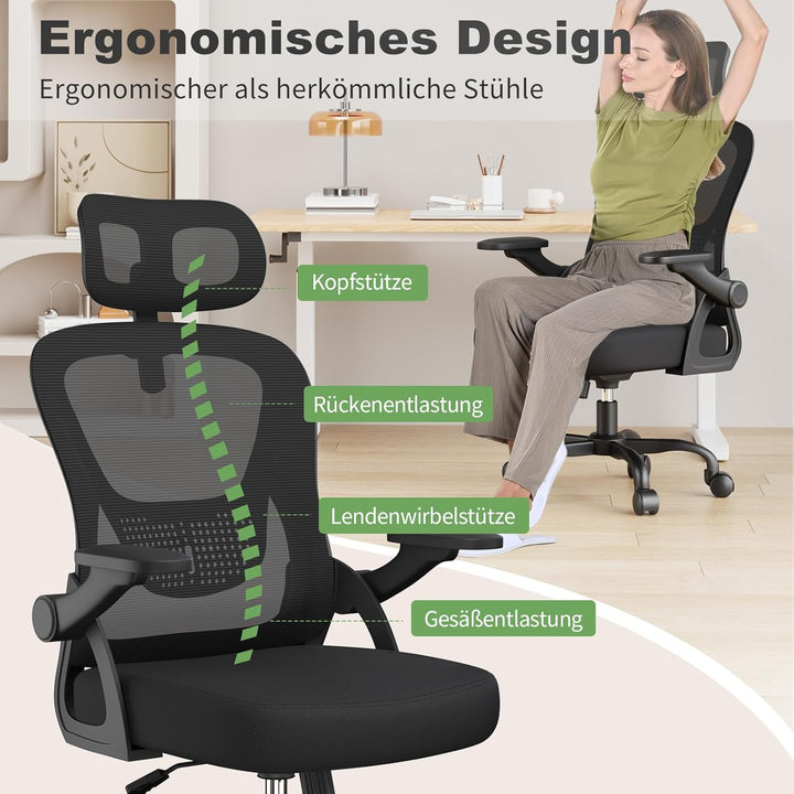 naspaluro Ergonomischer Schreibtischstuhl, Bürostuhl mit Kopfstütze/Hochklappbaren Armlehnen, Atmung