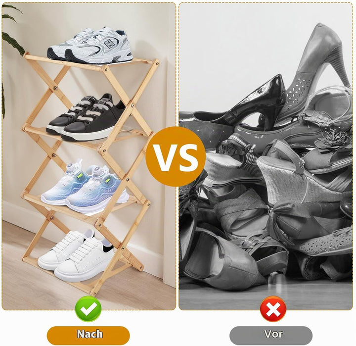 Kleines Schuhregal Platzsparend, Bambus Faltbares Schuhregal Schmal, Multifunktionale 4 Ebenen Veran