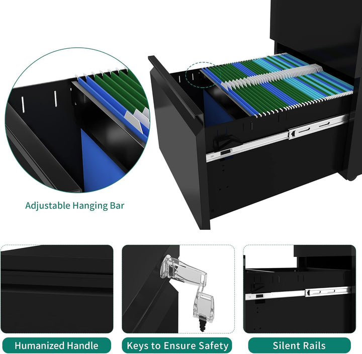 YITAHOME Mobiler Aktenschrank, Abschliessbar Rollcontainer mit 3 Schubladen für A4, Legal, Letter, M