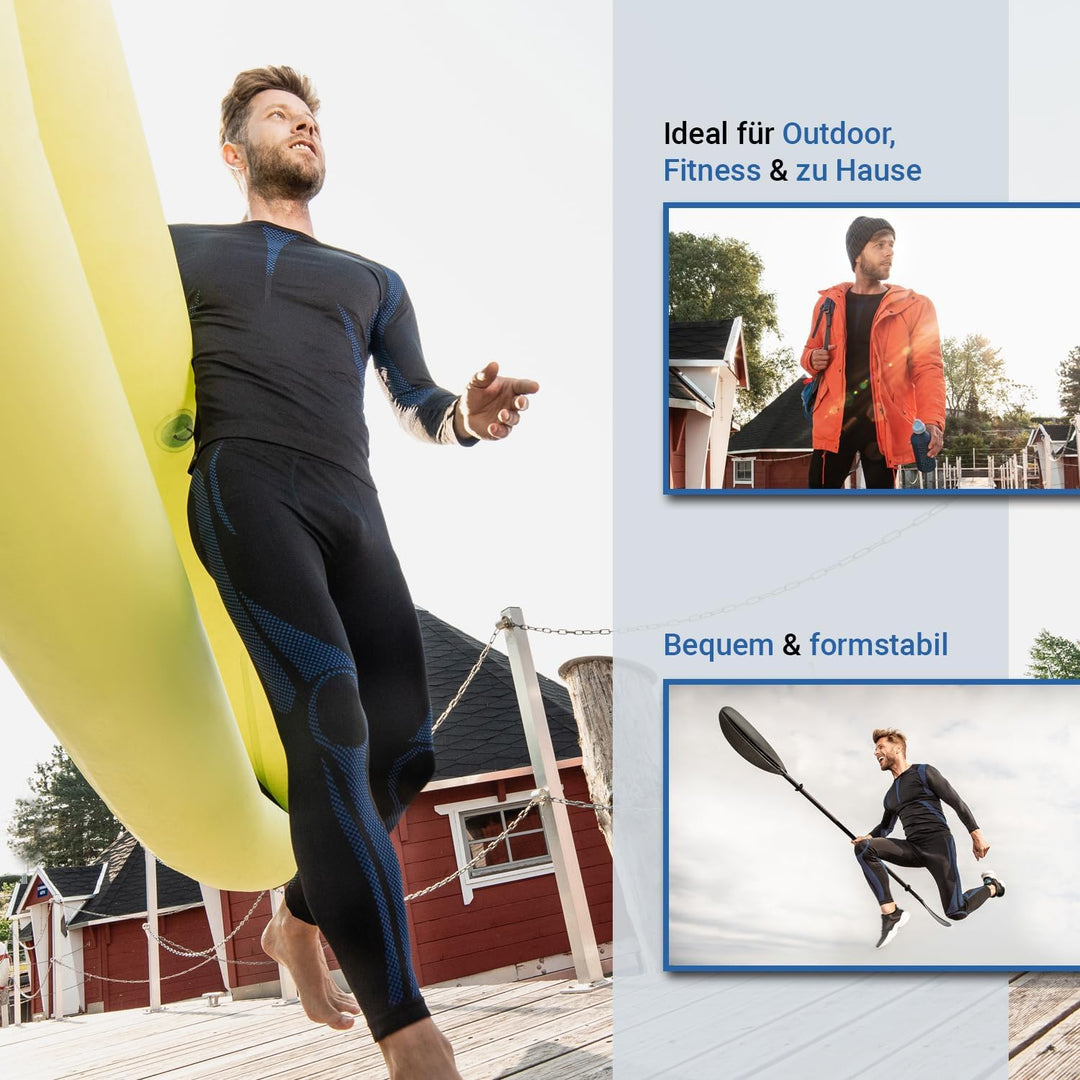 Celodoro Herren Thermo Unterwäsche Set Seamless Funktionswäsche schnelltrocknend S-M Schwarz / Blau,
