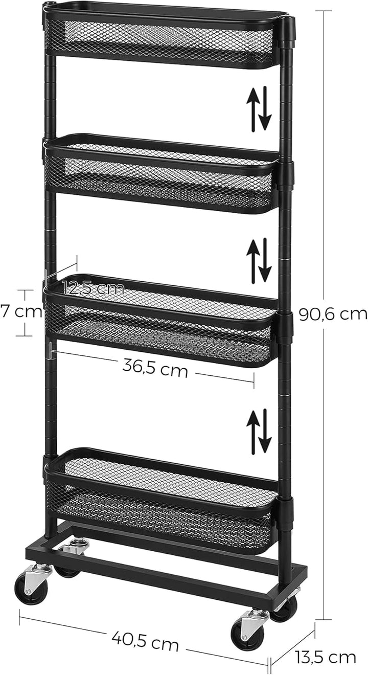 SONGMICS Rollwagen mit 4 Ebenen, Nischenregal, Küchenwagen, Badregal, Küchenregal, platzsparend, ein