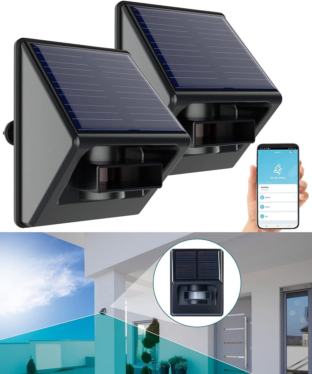 Luminea Home Control Bewegungsmelder mit App: 2er-Set Outdoor-PIR-Sensoren, Solarpanel, App, IP55, Z