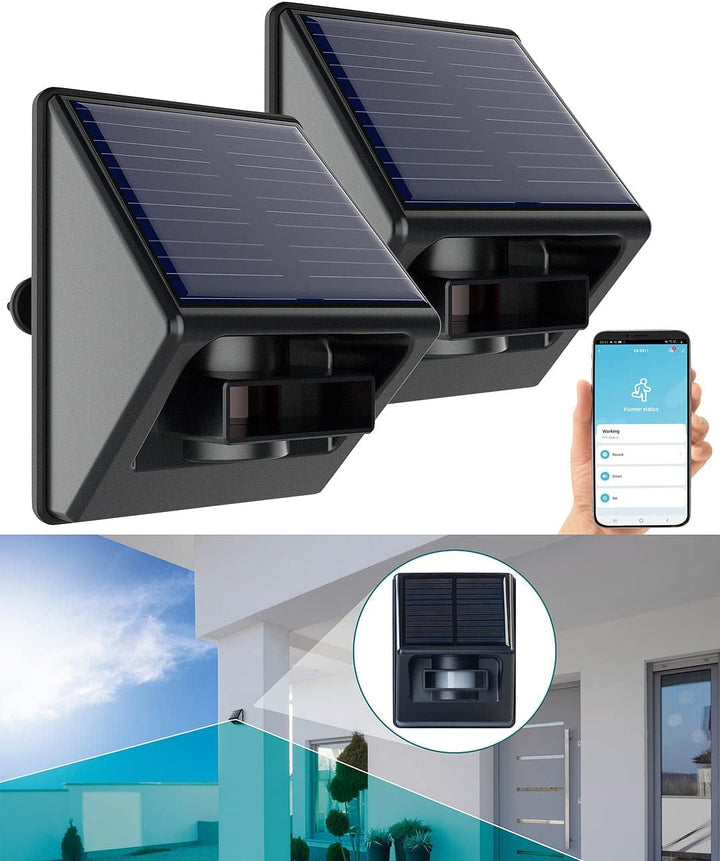 Luminea Home Control Bewegungsmelder mit App: 2er-Set Outdoor-PIR-Sensoren, Solarpanel, App, IP55, Z