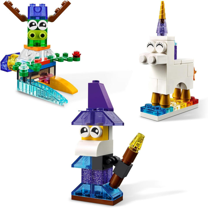 LEGO Classic Kreativ-Bauset mit durchsichtigen Steinen, mit Löwe, Vogel und Schildkröte, Konstruktio