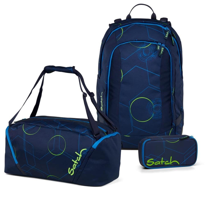 Satch Air Schulrucksack Set 3tlg. inkl. Schlamperbox und Sporttasche Blue Tech, Blue Tech