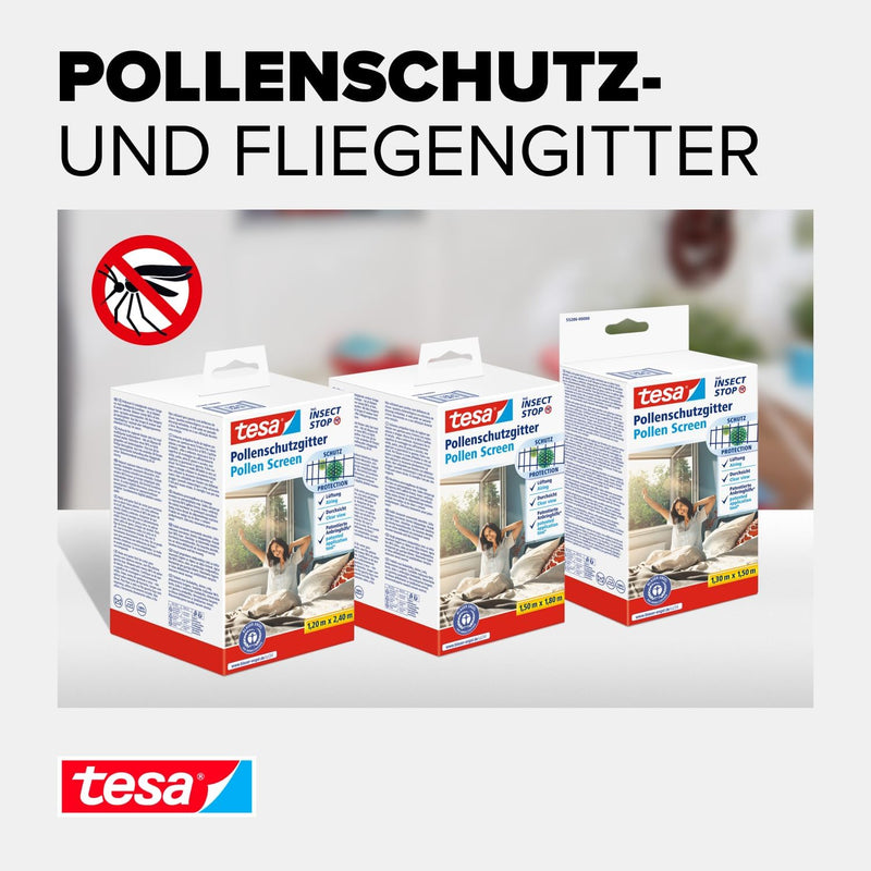 tesa Pollenschutzgitter im 2er Pack- zuschneidbarer, transparenter Pollenschutz für Allergiker - für