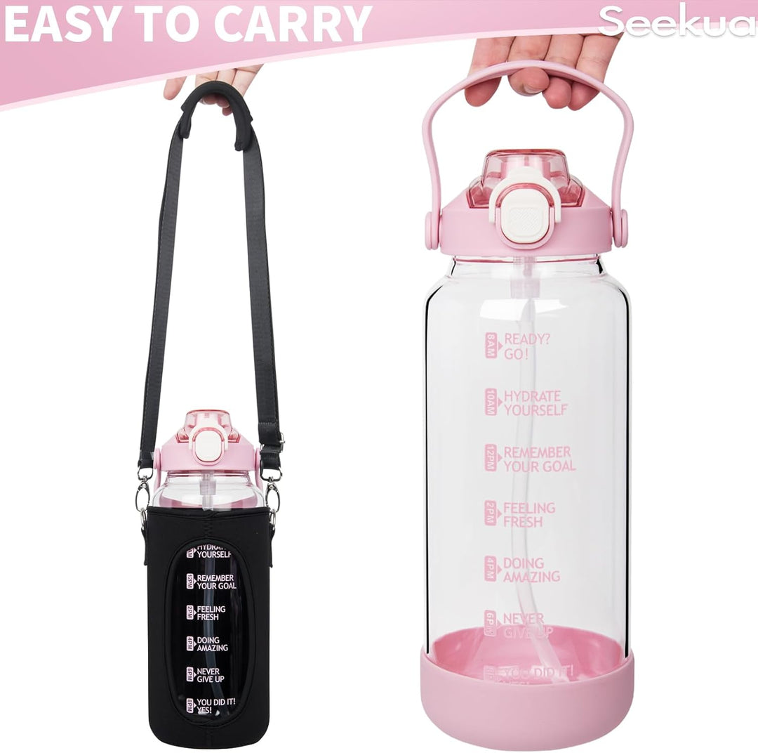 Seekua 1.5 liter Trinkflasche Glas Flasche mit Strohhalm & Zeitmarkierung, 1.5l Wasserflasche mit Fr