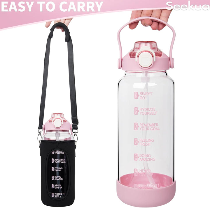 Seekua 1.5 liter Trinkflasche Glas Flasche mit Strohhalm & Zeitmarkierung, 1.5l Wasserflasche mit Fr