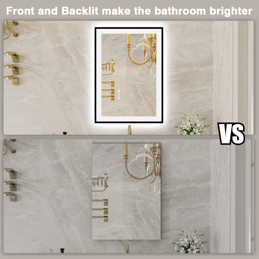 50x70cm Badspiegel mit Beleuchtung, Hartglas Badspiegel LED Antibeschlag, Schwarzer Aluminiumrahmen