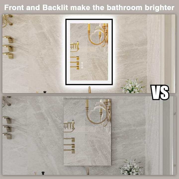 50x70cm Badspiegel mit Beleuchtung, Hartglas Badspiegel LED Antibeschlag, Schwarzer Aluminiumrahmen