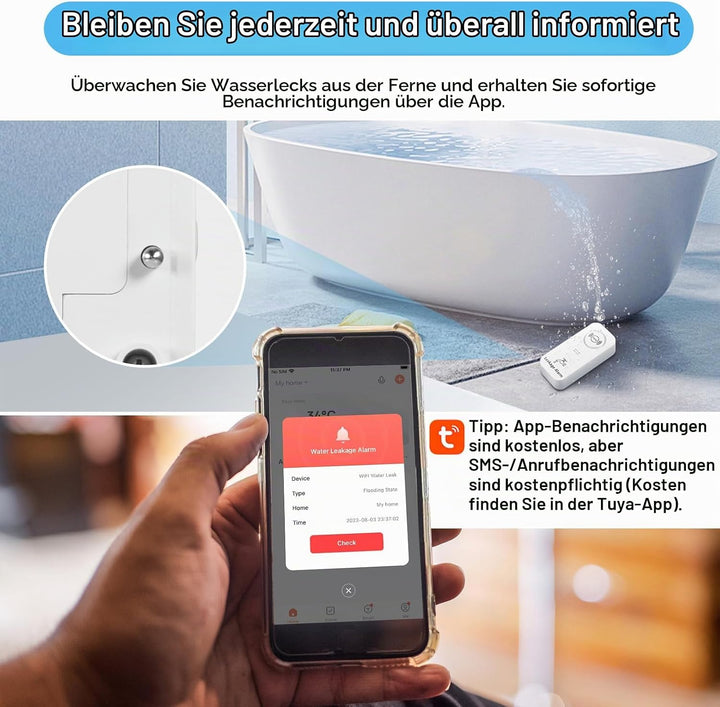Wassermelder WLAN (2,4 G WiFi), 90 dB WiFi Wassermelder Wasseralarm und App Alarm, Wassersensor Alar