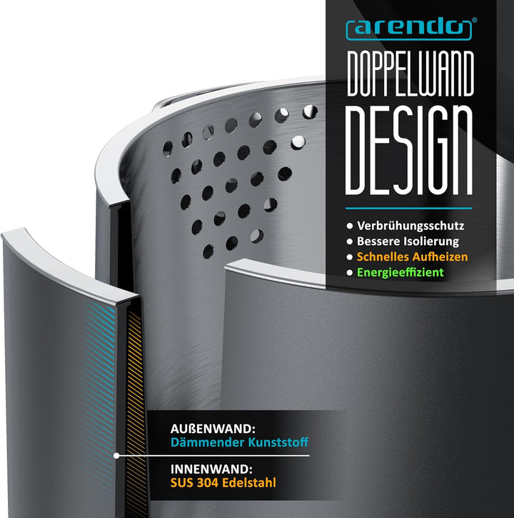 Arendo - Wasserkocher Edelstahl – 1,5 Liter - 2200 Watt – Doppelwand-Design – 360° Controller – BPA-