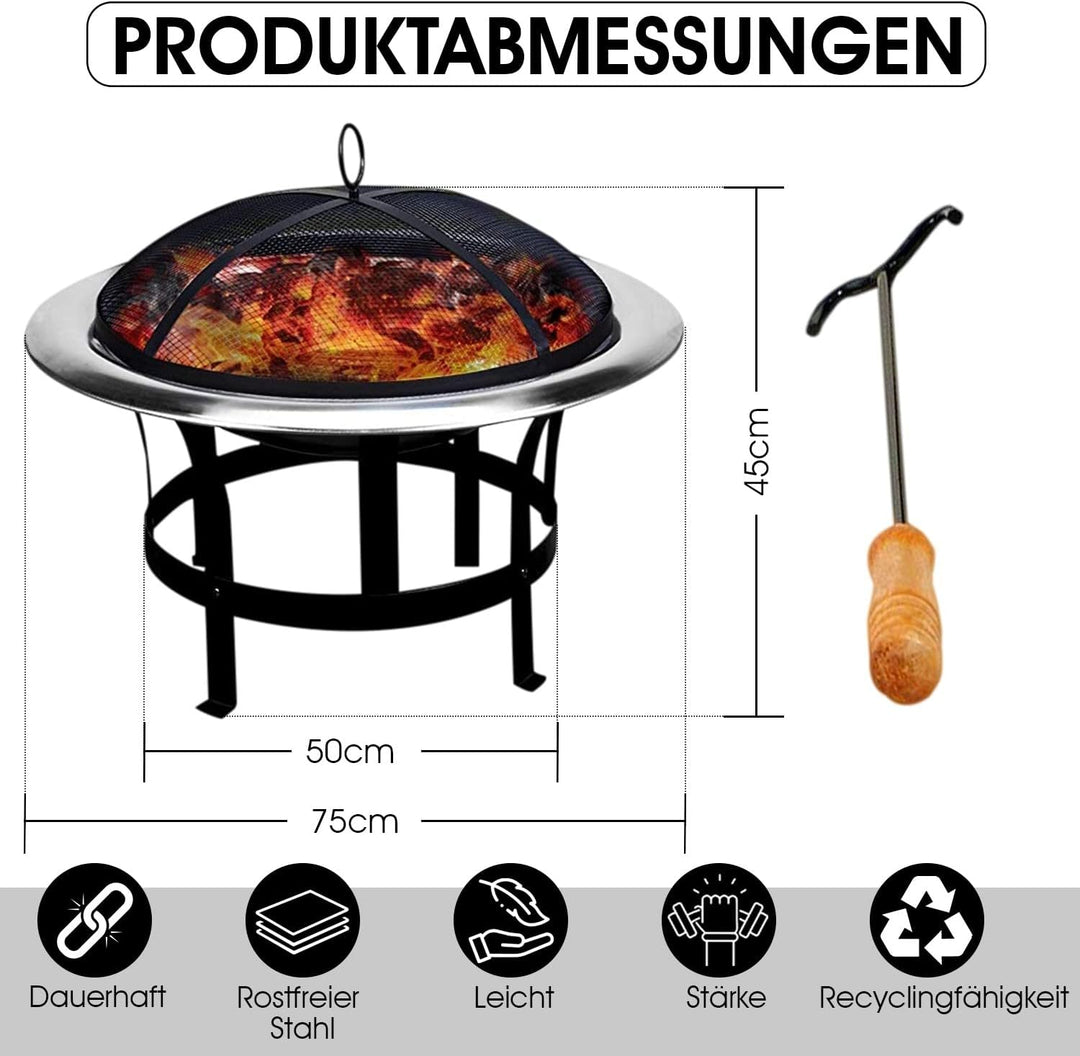 Defacto Feuerstelle Edelstahl Ø 75cm Feuerhaken Funkenfluggitter Grillstelle Feuerschale Grillschale