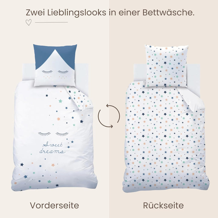 Sterne Mädchen-Bettwäsche Set · Kinderbettwäsche Sweet Dreams · Wende Motiv Wimpern · 2 teilig - Kis