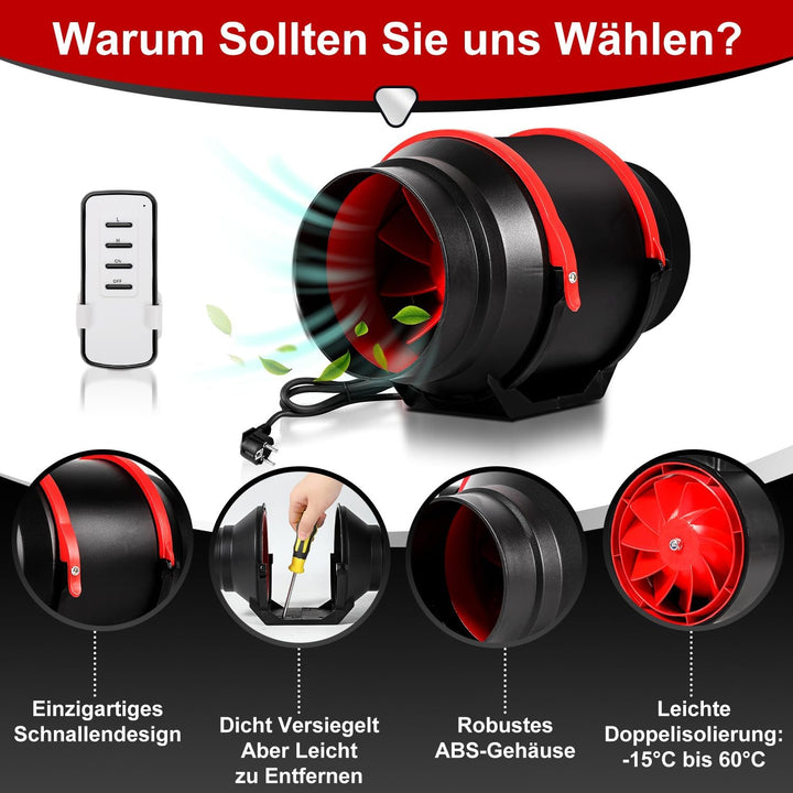 Rohrventilator mit Fernbedienung, 80W, 540 m³/h, Rohrlüfter Ø150 mm 150mm, 150mm