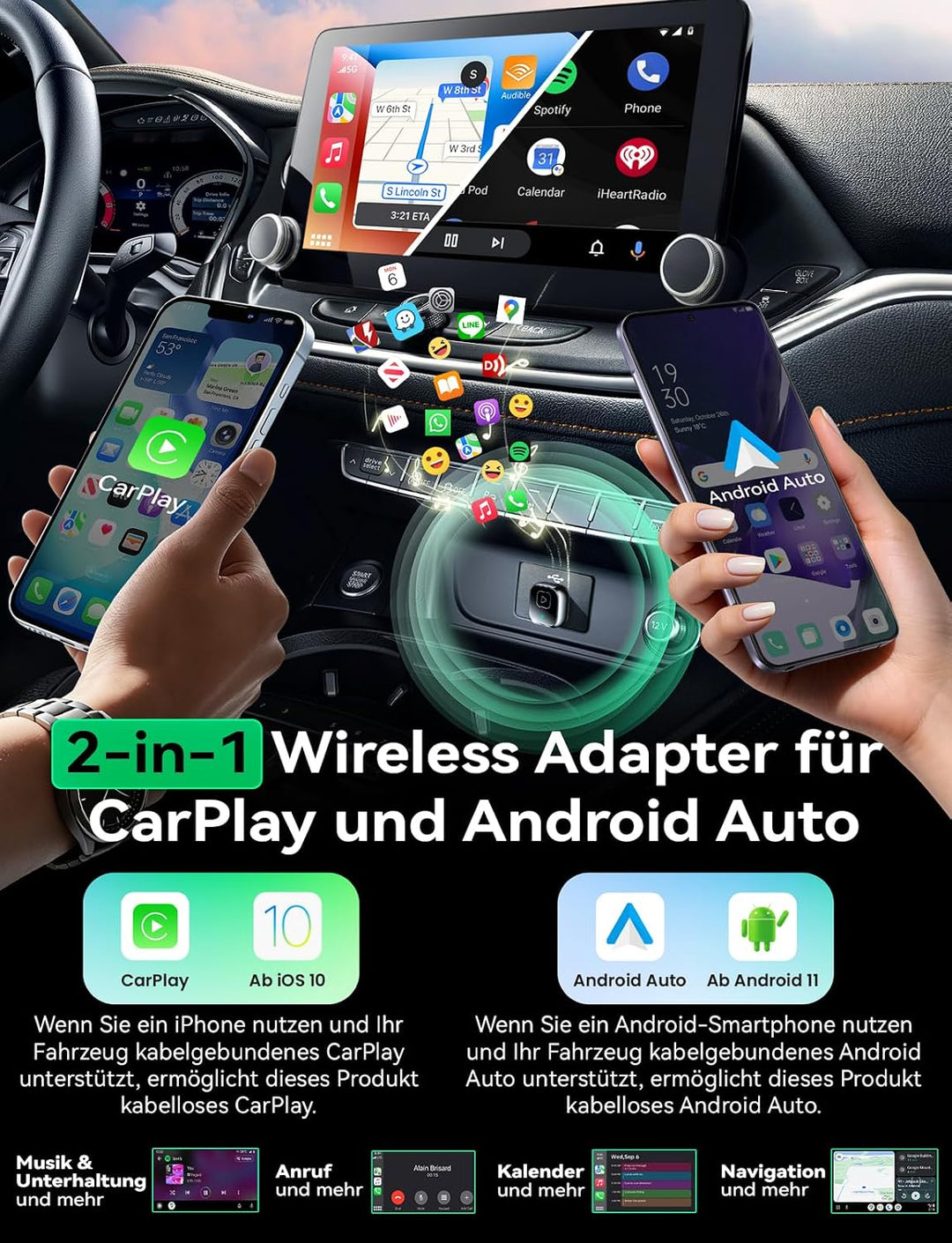 Wireless Carplay & Android Auto Adapter, Mavlou Metalldesign Mini & Stabiler 2-in-1-Dongle, Convert