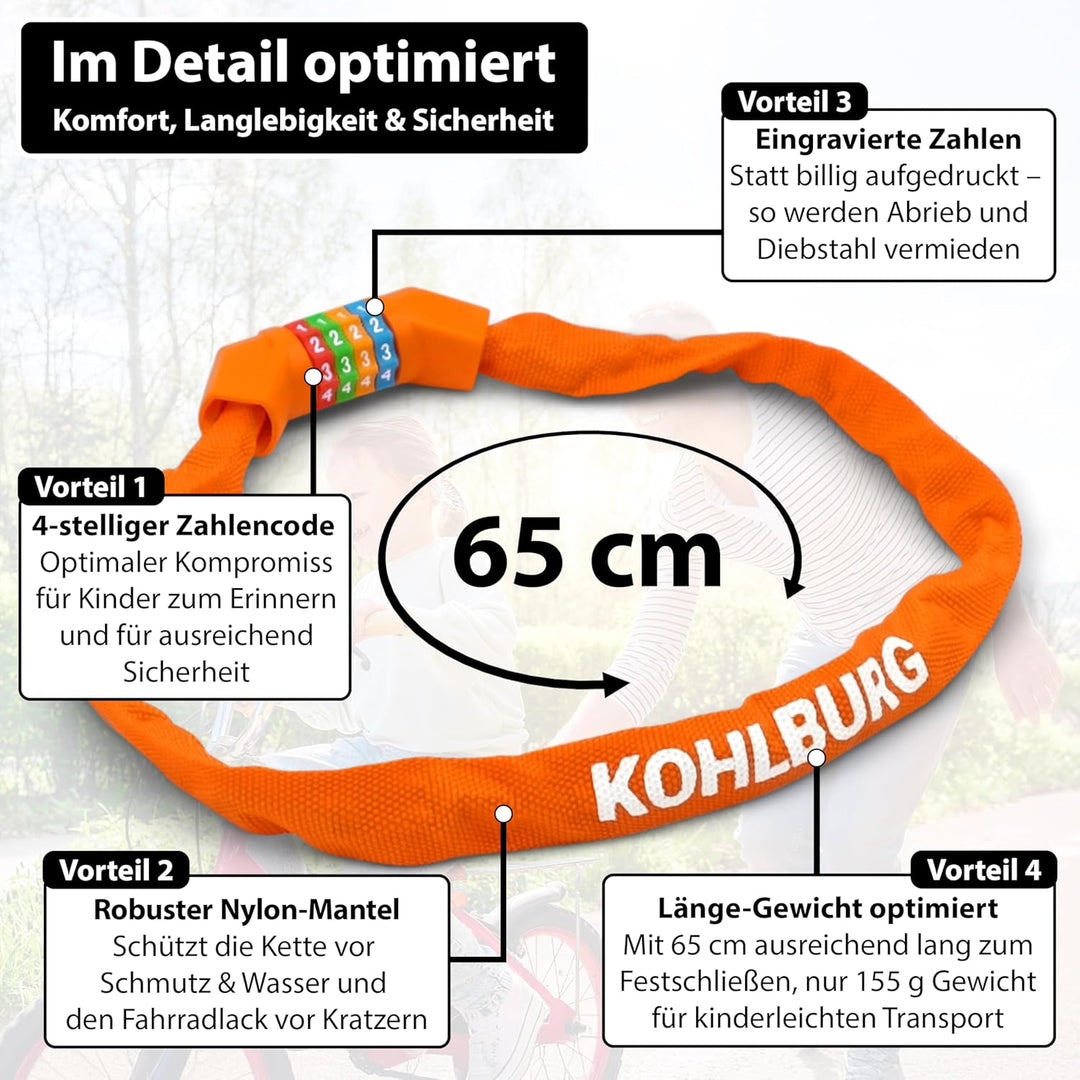 KOHLBURG Kinder Fahrradschloss Zahlenschloss 4 stellig [ohne Weichmacher, Stahlkette] - Kinderschlos