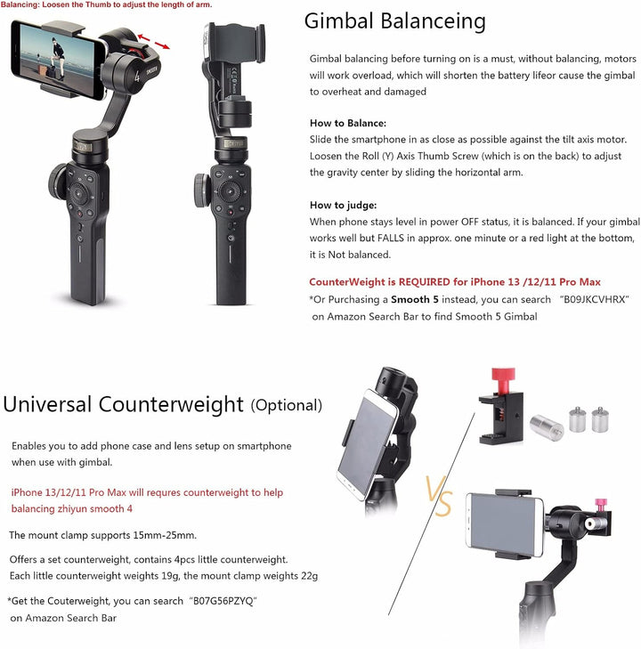 Zhiyun Smooth 4 – 3-Achsen-Handheld-Gimbal-Stabilisator mit Focus Pull und Zoom-Fähigkeit für Smartp