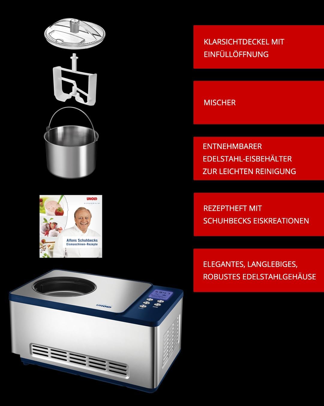 UNOLD Eismaschine Schuhbeck exklusiv, mit Kompressor, 1,5 Liter Eiscreme, 48818