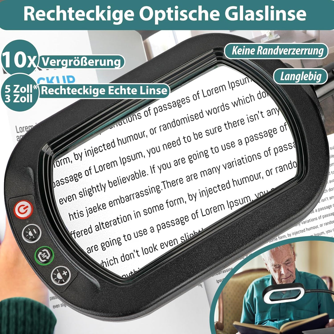 Drdefi 10X Rectangle Lupe mit Licht und Ständer, Echtes Glas Lupenlampe, 5 Farbmodi Stufenlos Dimmba