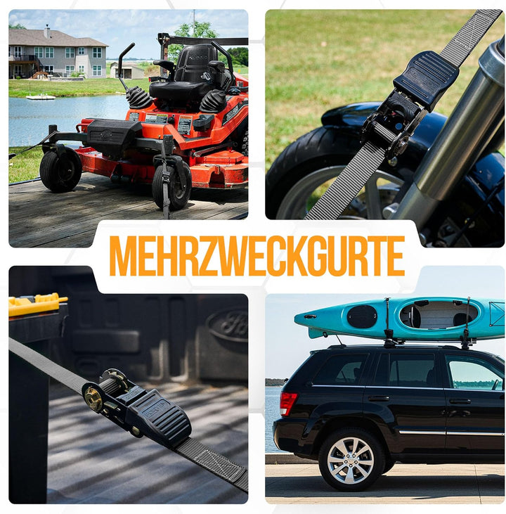 FORTEM Spanngurte - 748 kg Bruchfestigkeit, 4 x 4,57 m Mit Ratsche - 4 Weiche Zurrschlaufen, Zurrgur