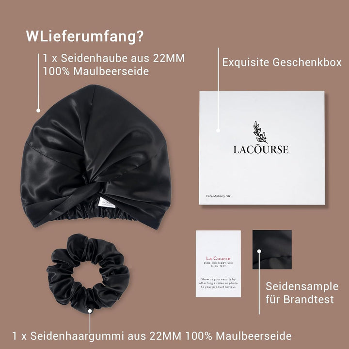 ‌LaCourse Rutschfeste Verstellbare Echte 22 Momme 100% Maulbeerseiden-Seidenhaube zum Schlafen, Dopp