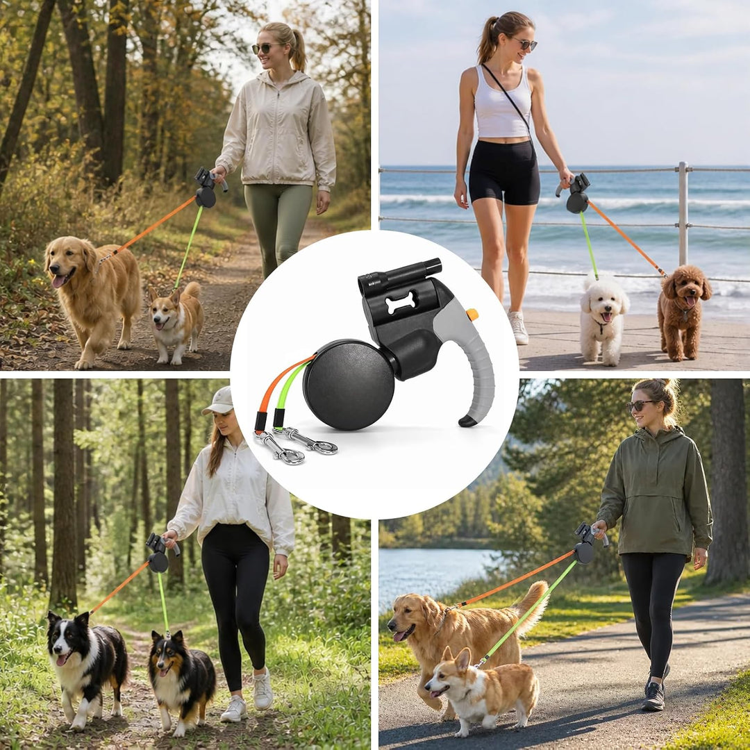 Doppel Rollleine für Zwei Hunde, Hundeleine mit Drehbarer Handschlaufe | rollleine für hunde mit 360