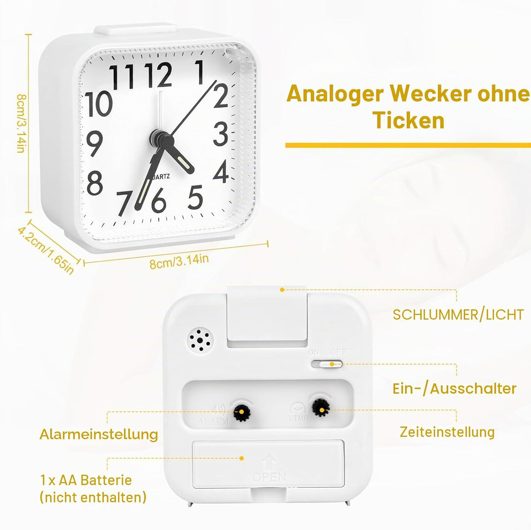 Analog Wecker Ohne Ticken, Mit Licht für Tiefschläfer, Batteriebetrieben, Reisewecker Mit Leuchtziff