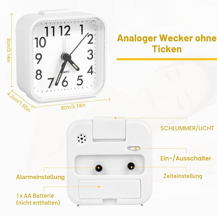 Analog Wecker Ohne Ticken, Mit Licht für Tiefschläfer, Batteriebetrieben, Reisewecker Mit Leuchtziff