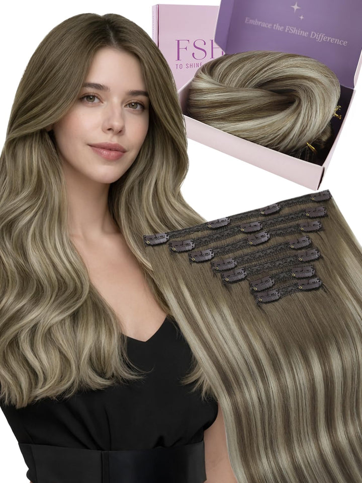 Fshine Balayage Echthaar Extensions Clip Blond 60cm Remy Echthaar Clip 120 Gramm Hellbraun Mit Plati