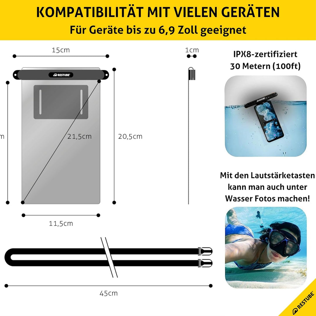 Restube wasserdichte Handyhülle, IPX8 Unterwasser Handyhülle für Schwimmen, Dry Bag Handy Lanyard Hü