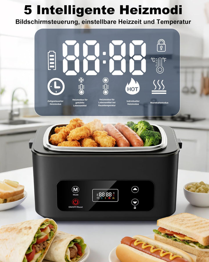 Elektrische Lunchbox, 100W Brotzeitbox Brotdose Gross 1.2L, Kabellos Tragbare Beheizbare Lunchbox El