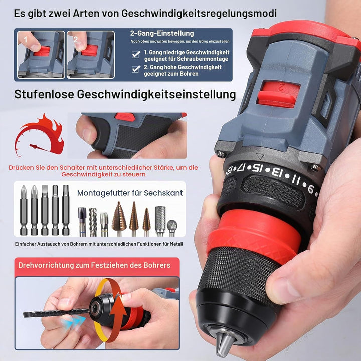 Weytoll 16,8V Akku-Bohrschrauber, Akkuschrauber, 2 * 1300-mAh-Akkus, max. 45 Nm, 21+1 Drehmomenteins