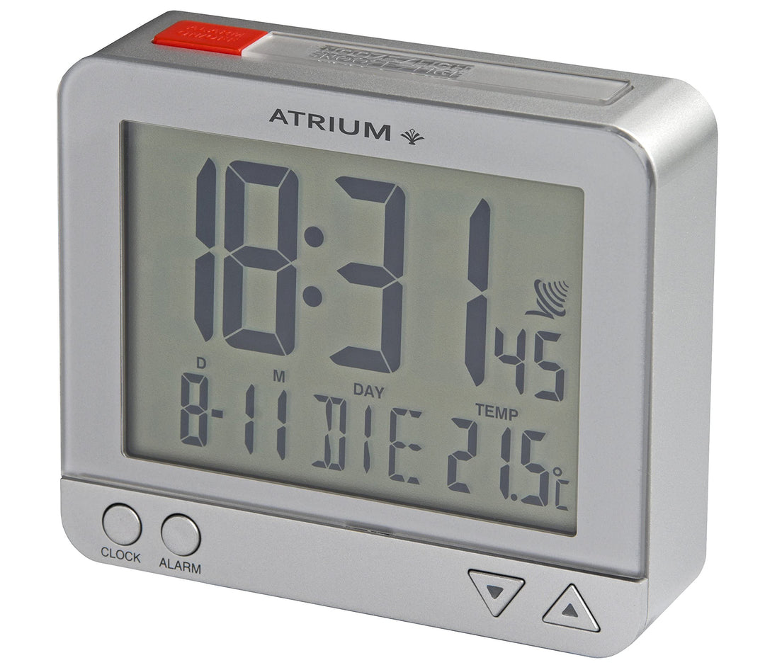 Atrium Funk-Wecker digital Silber sensorgesteuertes Nachtlicht, Obenabsteller, Datum und Temperatura