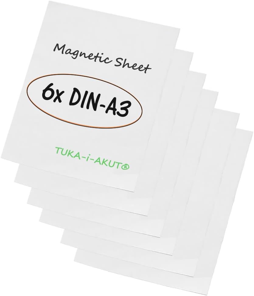 TUKA-i-AKUT 6x A3 Magnetfolie zum Beschriften und Zuschneiden, Flexibel Magnet Tafelfolie Magnetplät