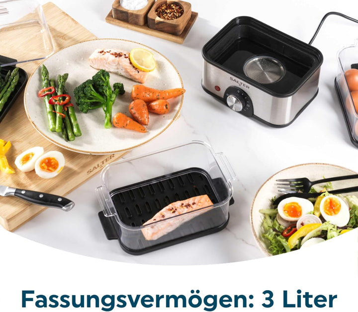 Salter Kompakter 3-stufiger Dampfgarer – Multikocher, 3 Dampfkörbe, Elektrischer Eierkocher, Kapazit