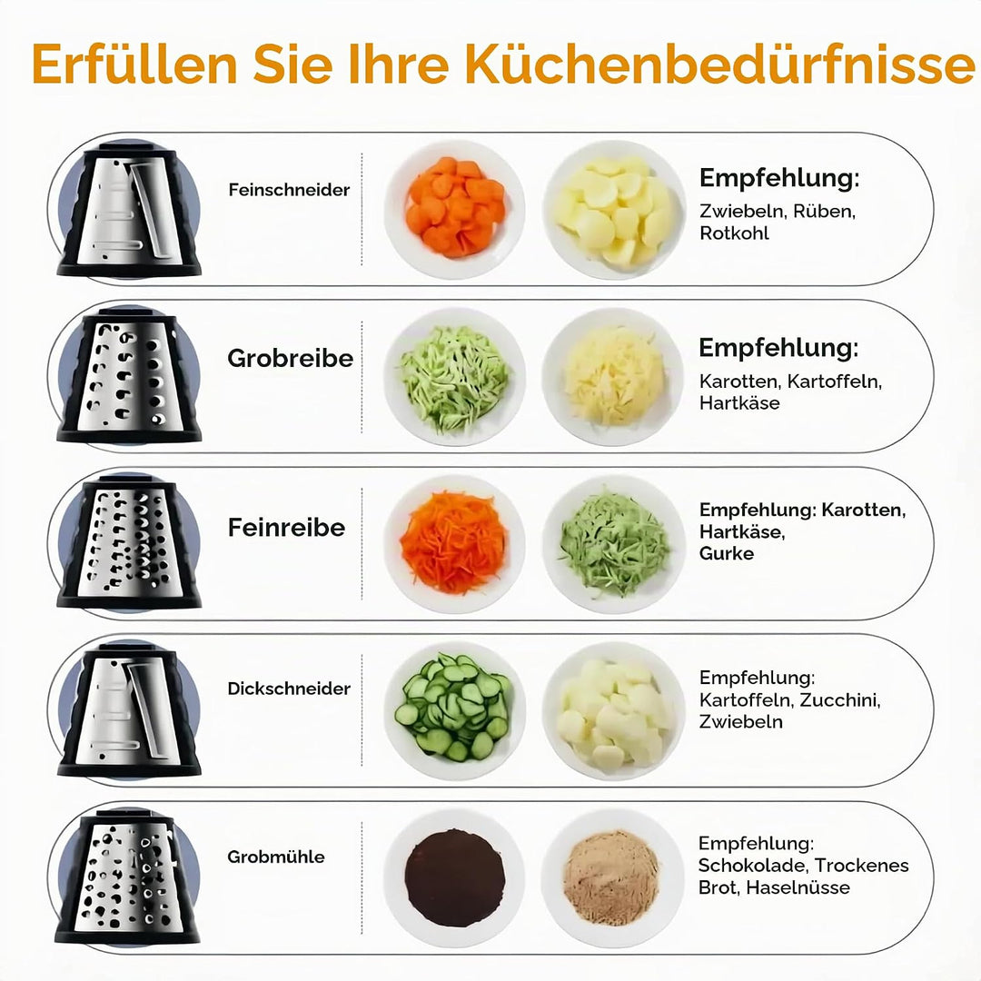 Elektrische 5-in-1 Gemüsehobel 150W, Gemüseschneider mit 5 Edelstahl-Trommeln für Käse, Obst &amp; Gemüs