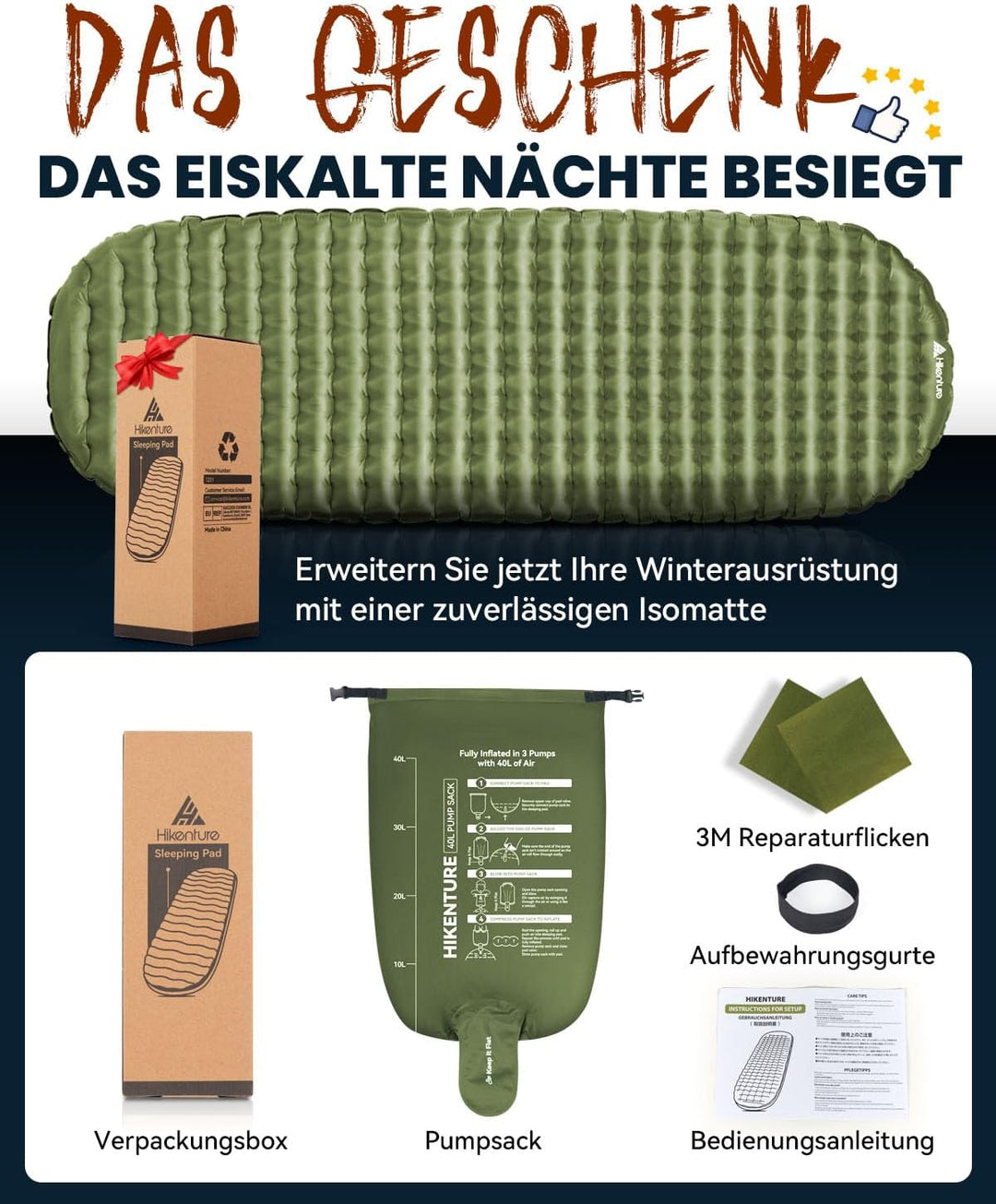 HIKENTURE Isomatte Camping R-Wert 6,2, 8CM Dicke Aufblasbare Isomatte Ultraleicht, Warme Schlafmatte