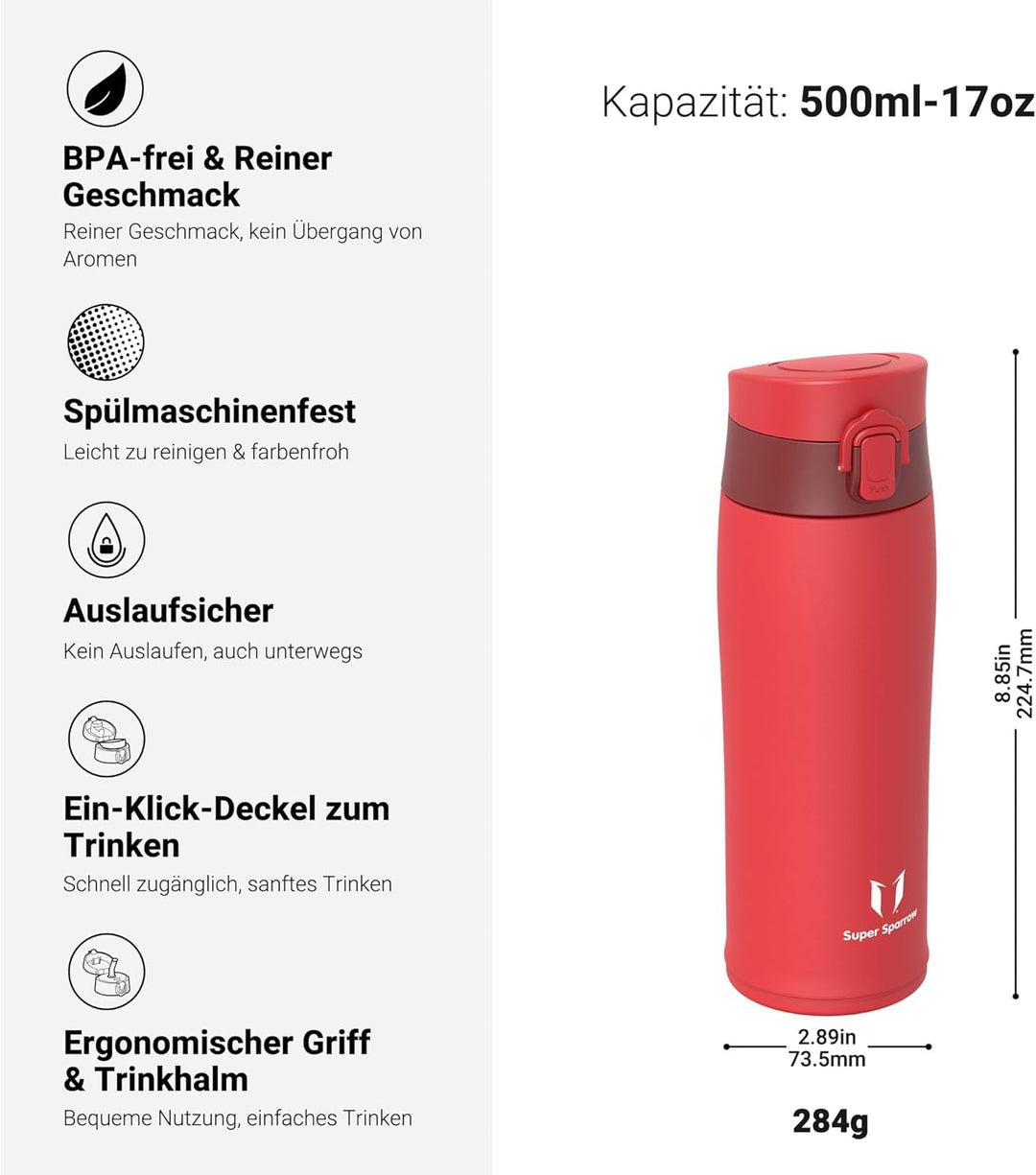 Super Sparrow Trinkflasche Edelstahl 18/8 - Trinkbecher - 500ml - BPA-Frei, Auslaufsicher Thermobech