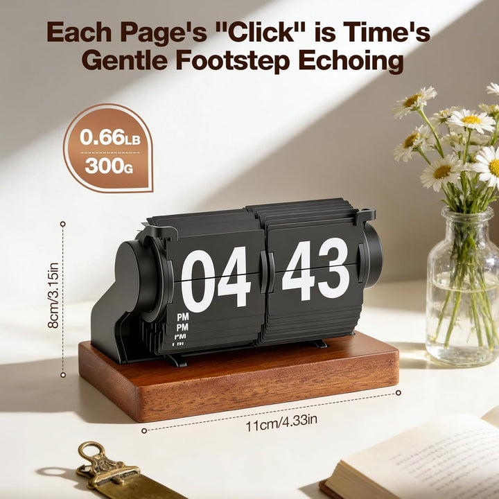 Retro-Flip-Uhr, Vintage Digitale Klappuhr, Retro Uhr mit Holzsockel, automatisches Drehen, batterieb