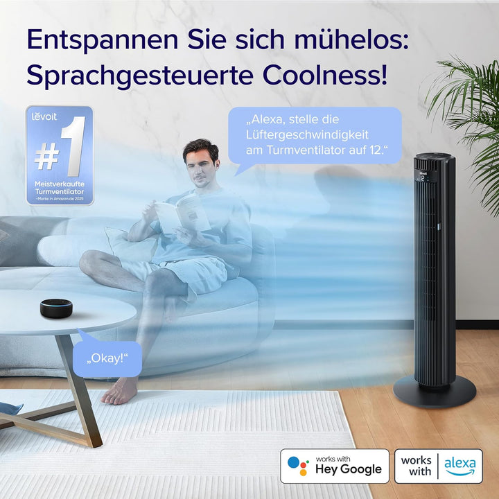 Levoit 25 dB sehr leiser Smart Turmventilator für Schlafzimmer, 7,9 m/s Ventilator, 90° Oszillation