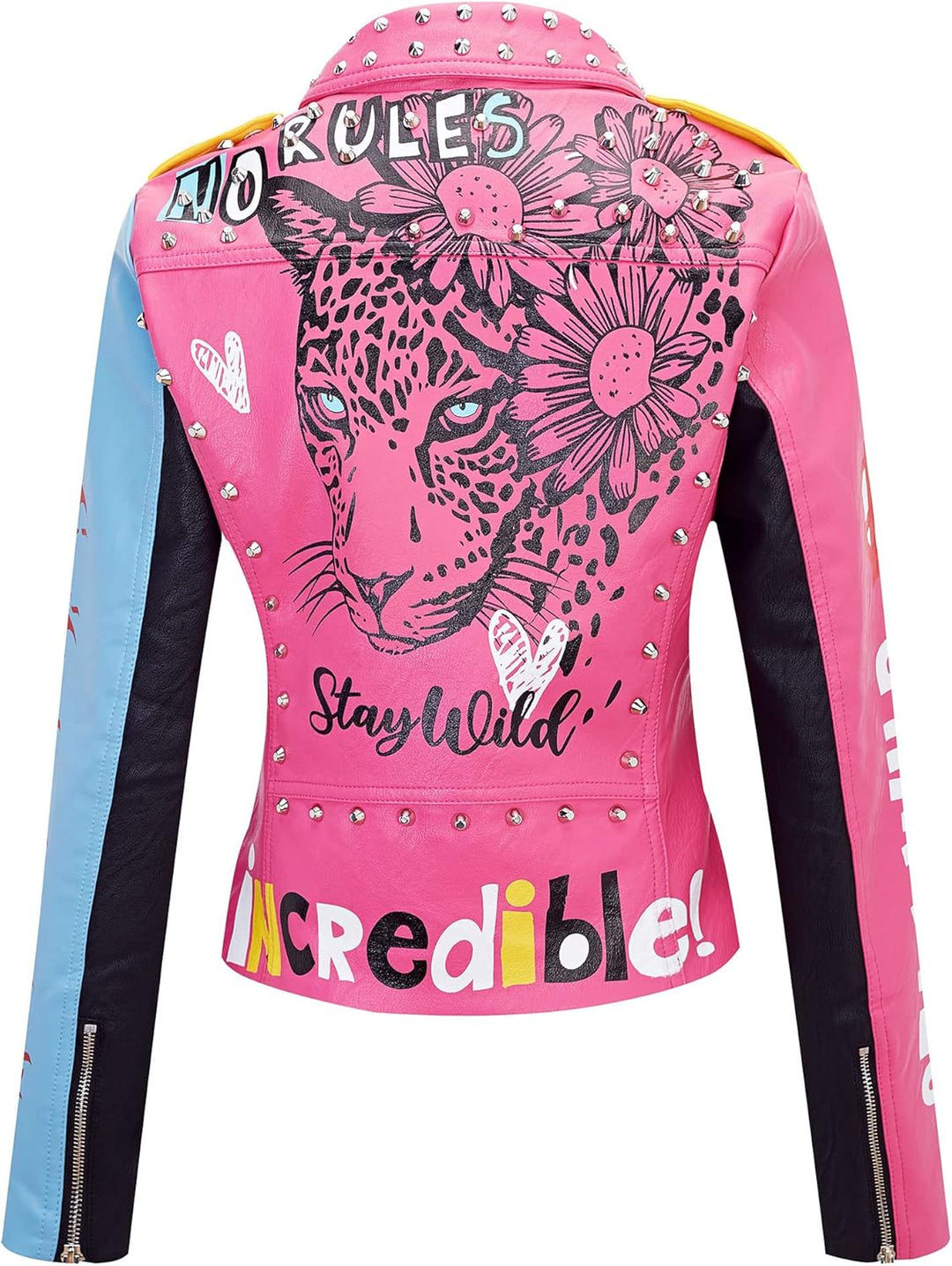 Giolshon Damen Kunstleder Jacke Nieten Floral Moto Biker Kurzer Revers Mantel XL 0375_Rosa, XL 0375_