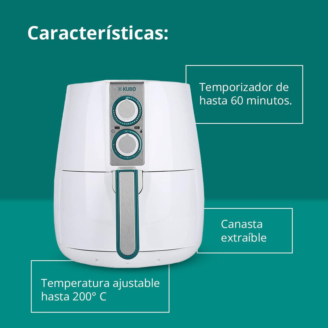 Kubo 2,5-Liter-ölfreie Fritteuse, Heissluftfritteuse, 1500 W, einstellbare Temperatur, Timer, Weiss,