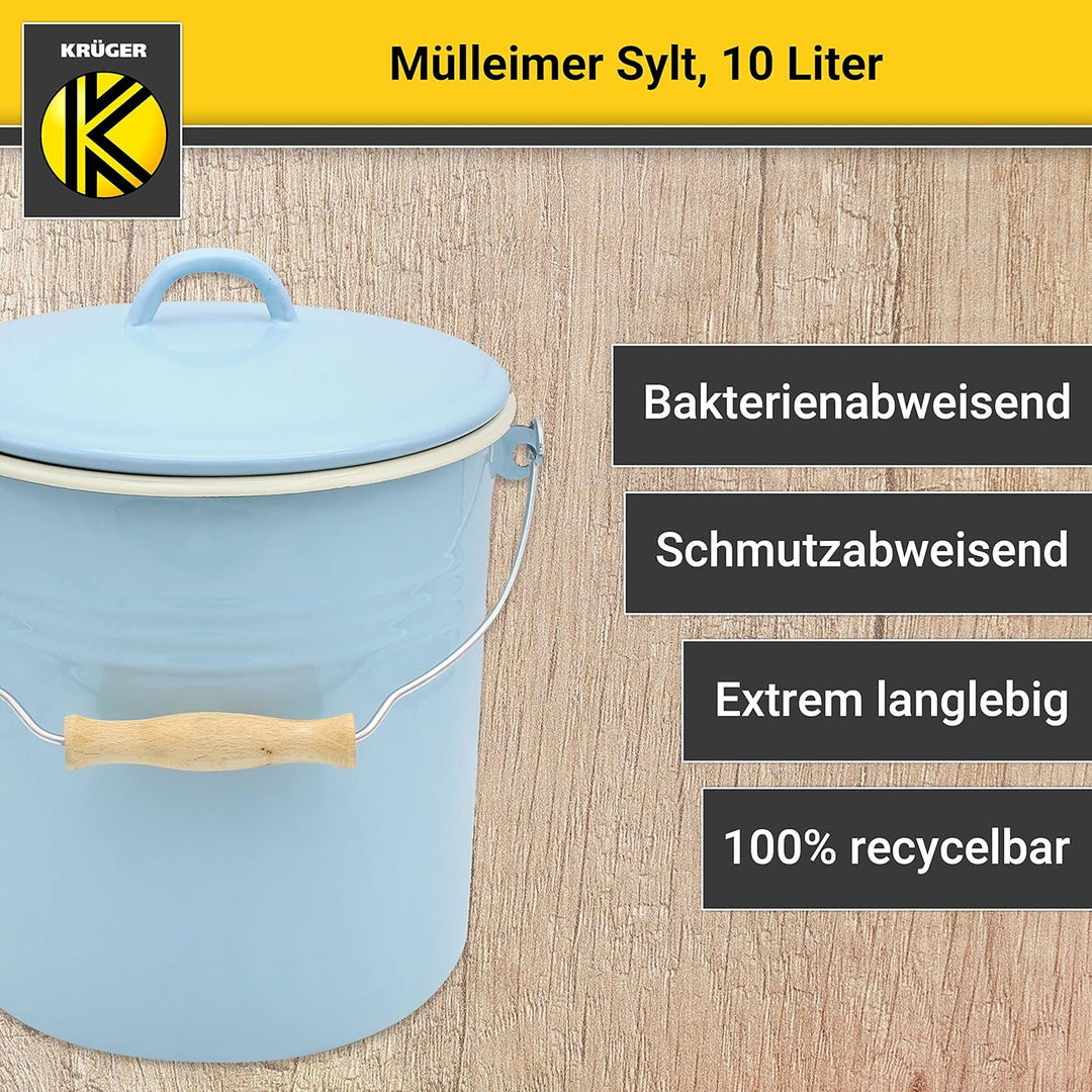 Krüger Mülleimer mit Deckel - Stahl Abfalleimer mit Emaille-Beschichtung und Holzgriff - Schnitt- un