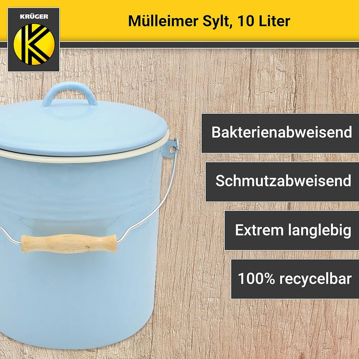 Krüger Mülleimer mit Deckel - Stahl Abfalleimer mit Emaille-Beschichtung und Holzgriff - Schnitt- un