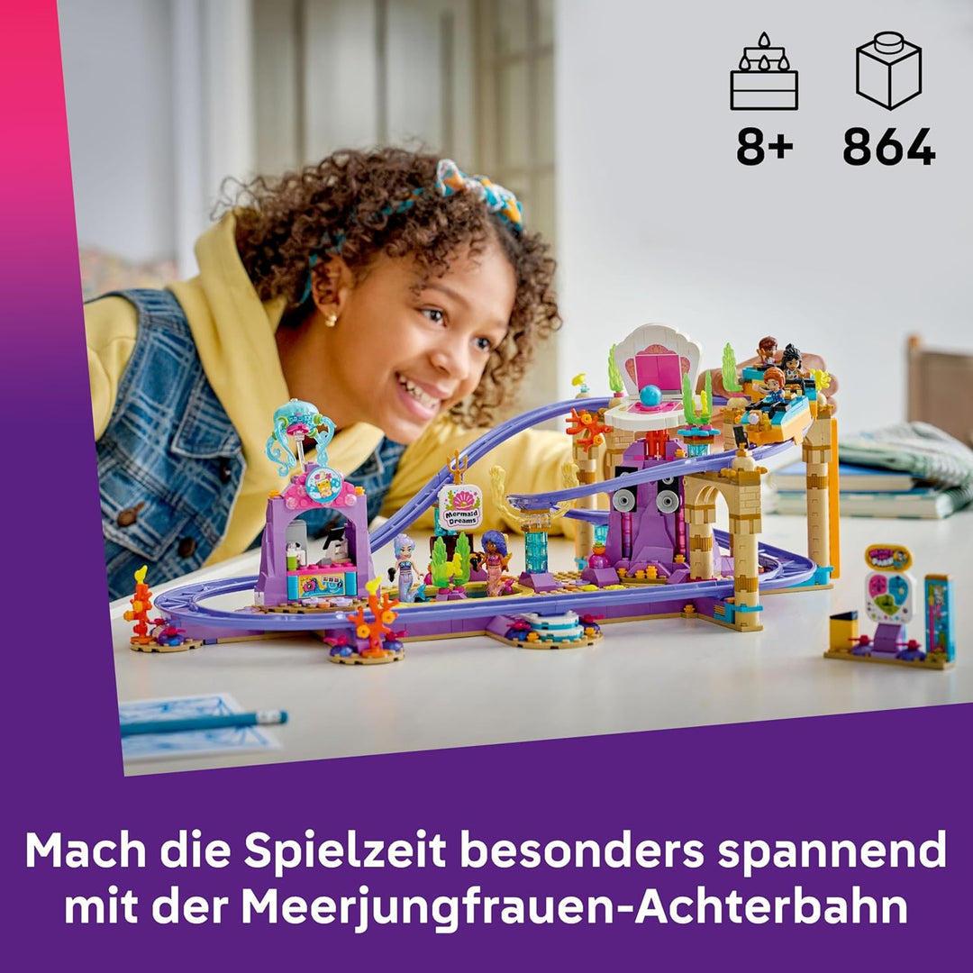LEGO Friends Meerjungfrauen-Achterbahn - Interaktives Spielzeug mit 3 Wagen, Shop, 5 Minifiguren und
